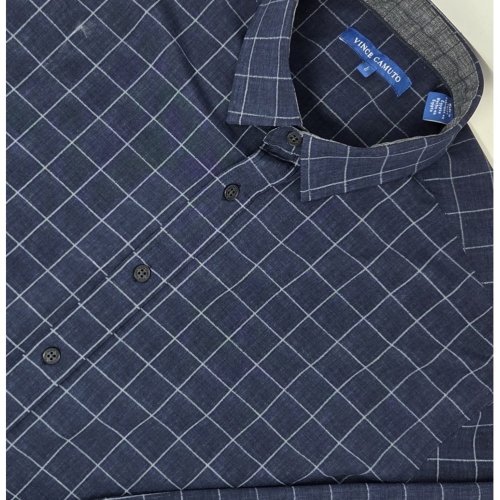 Vince Camuto Performance Shirt Mens Large Blue Windowpane Long Sleeve Button Up